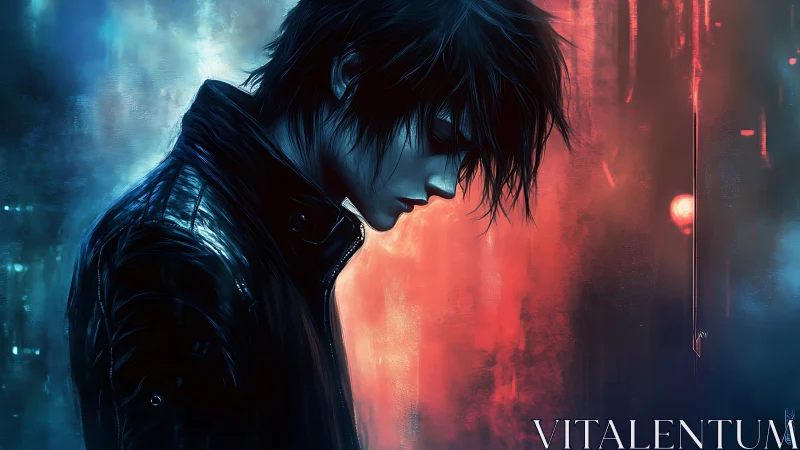 Moody profile portrait in neon blue red rim lighting with glossy jacket