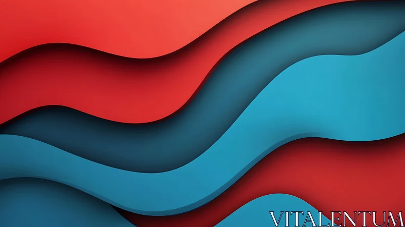 Layered red and blue waves create bold abstract motion.