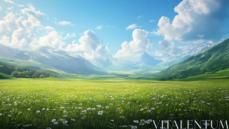 Mountain valley meadow under scattered cumulus clouds.