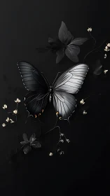 Midnight butterfly poised among ghostly blooms on black.