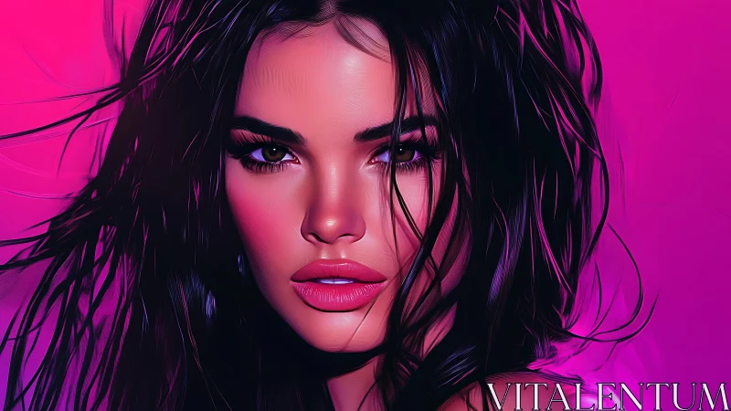 Digital portrait of woman with dark hair on magenta backdrop.