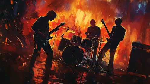 Silhouetted rock band performing on stage with fiery backdrop.