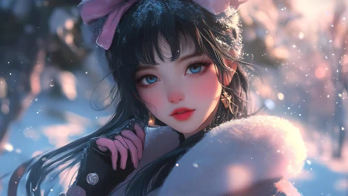 Snowy winter girl gazes softly through falling light flakes.