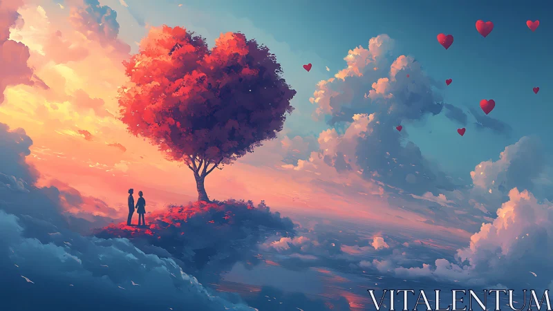 Two Lovers Stand Beneath a Heart-Shaped Tree at Sunset
