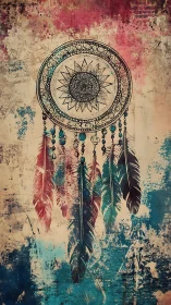 Bohemian dreamcatcher illustration on distressed grunge canvas.