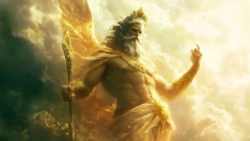 Mythic bearded figure with golden armor amid bright clouds.