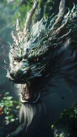 Detailed green dragon head with open mouth in forest setting.