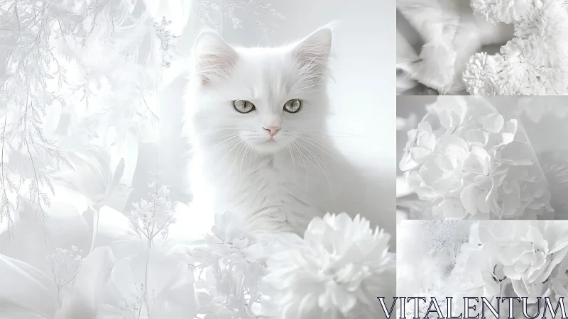 Ethereal White Cat with Floral Montage Collage.