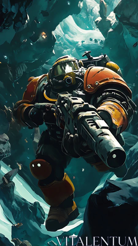 Armored space miner advances through shattered ice cavern