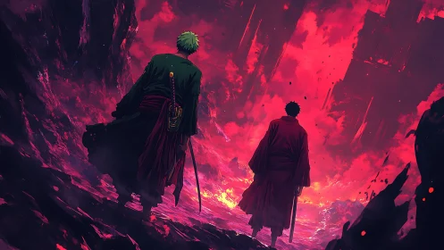 Samurai warriors stride through a burning crimson wasteland