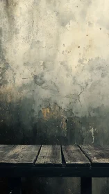 Weatherworn plank table before a moody cracked wall.