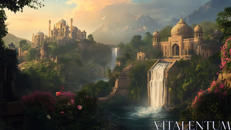 Sunlit palace waterfalls crown lush hidden valley kingdom.