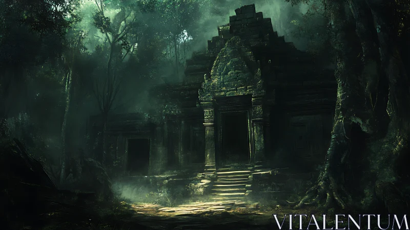 Ancient jungle temple looms through misty emerald shadows.