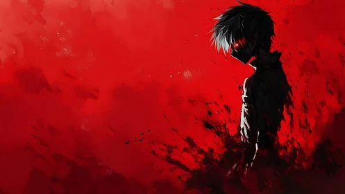 Shadowed anime figure stands against a blazing red storm