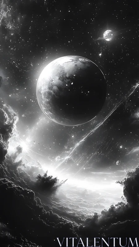 Monochrome planetary system is rendered within dense nebula