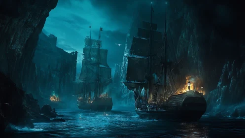 Nocturnal war galleons in bioluminescent fjord ambush.