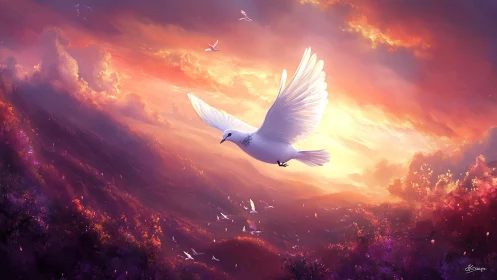 White dove flies across vivid sunset sky over valley