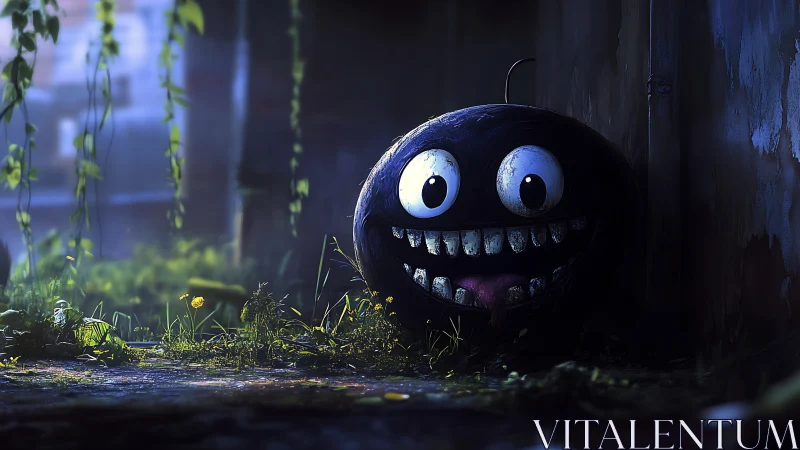 Spherical cartoon creature in damp alley, rim lit with eerie bloom