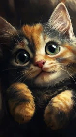 Calico Kitten Portrait with Emerald Eyes: Digital Painting.