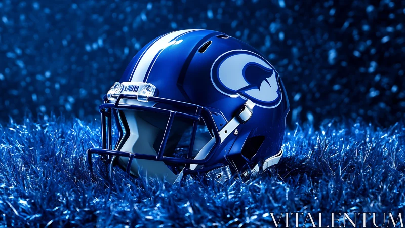 Chrome blue football helmet on illuminated synthetic turf field.