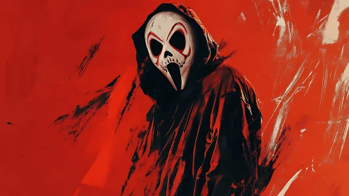 Hooded skull mask figure on intense red abstract ground.