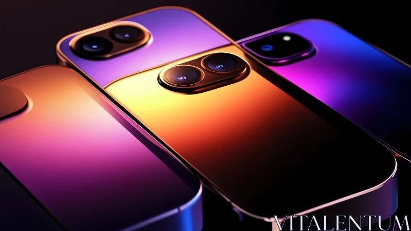 Vibrant gradient smartphones with reflective finishes in modern style.