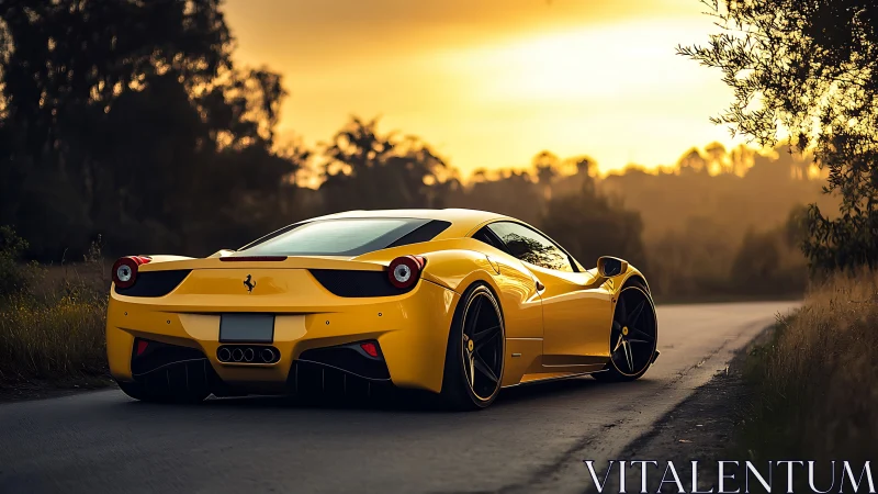 Golden-hour yellow supercar cruising a quiet country road.