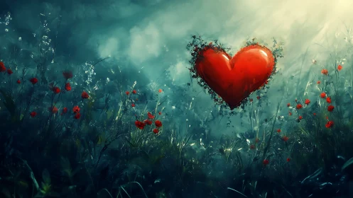 Luminous Red Heart Floating Above Wildflower Field.