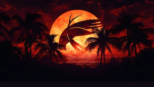 Palm tree silhouettes frame stylized red sun over ocean