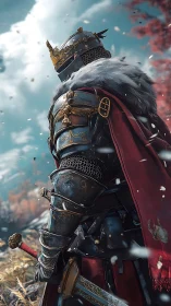 Armored monarch in ornate plate harness under stormlight.