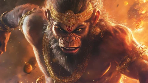 Blazing warrior monkey lunges through molten twilight storm.