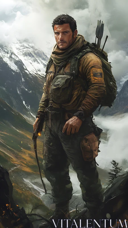 Mountain survival soldier with bow on stormy ridge.