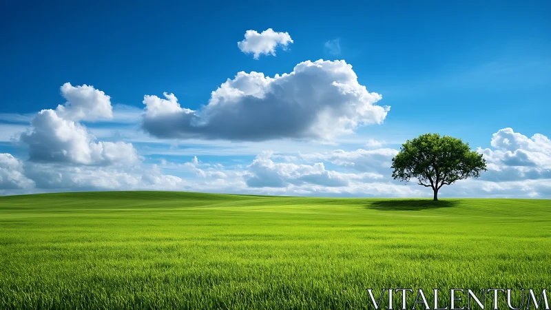 Solitary green tree resting under wide open summer skies.