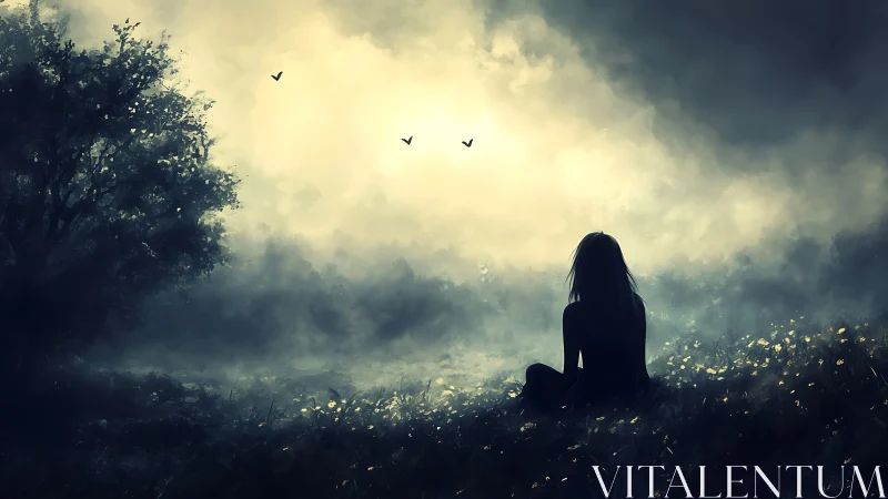 Silent dreamer watches dawn mist unravel the dark field