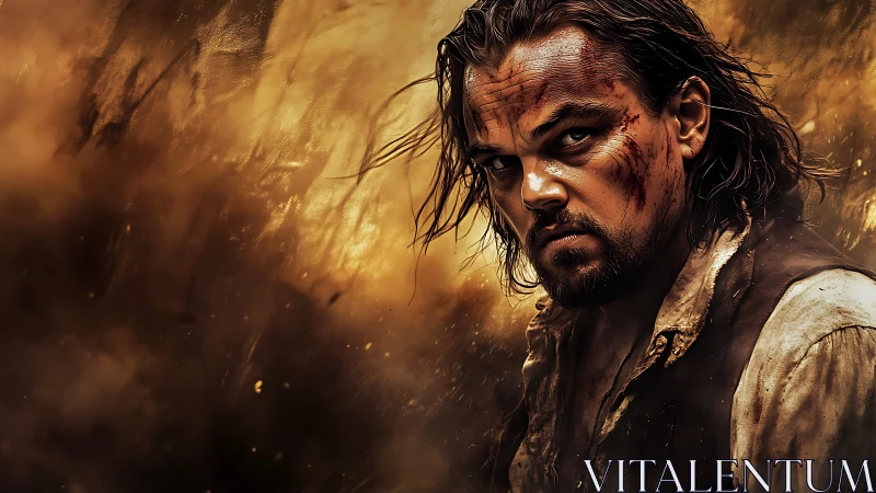 Weathered survivor gazing through swirling golden storm.