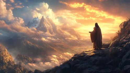Robed figure observing illuminated mountain landscape at dawn.