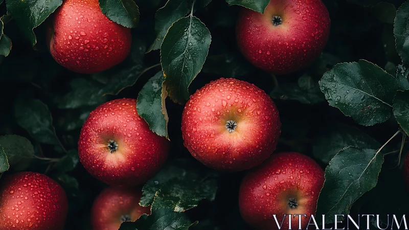 Red apples hang on wet green branches after recent rainfall
