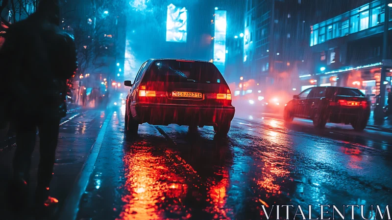 Car moves through wet neon-lit city street at night
