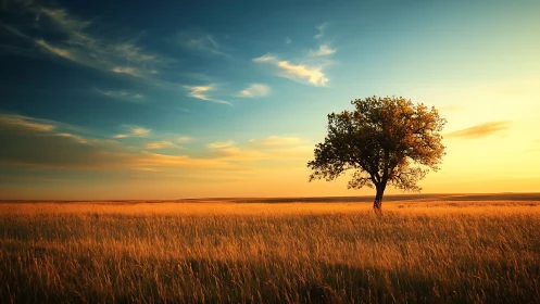 Lone tree on golden grass field at sunset, serene landscape photo.