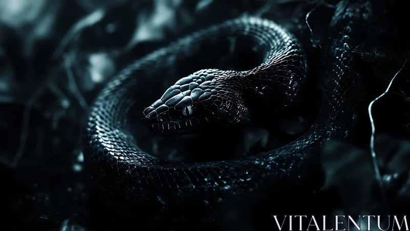 Black snake coiled in dark foliage under cold blue light.