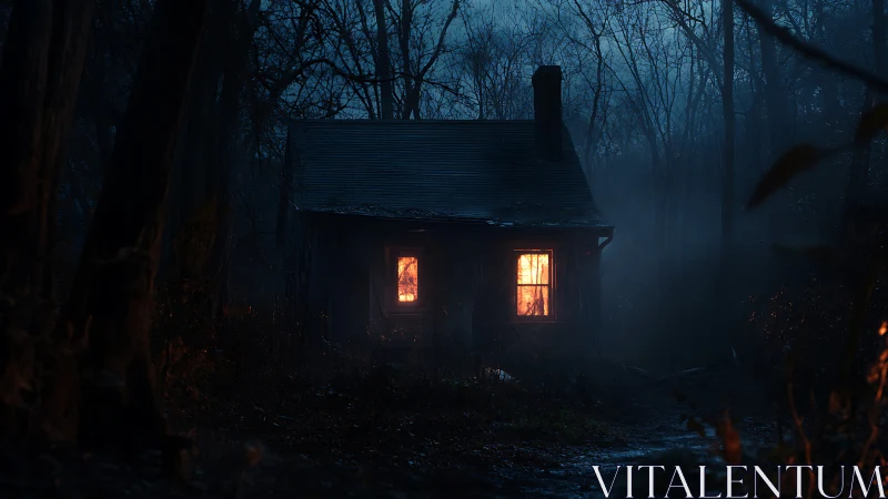 Nocturnal forest cabin with incandescence through misted windows.