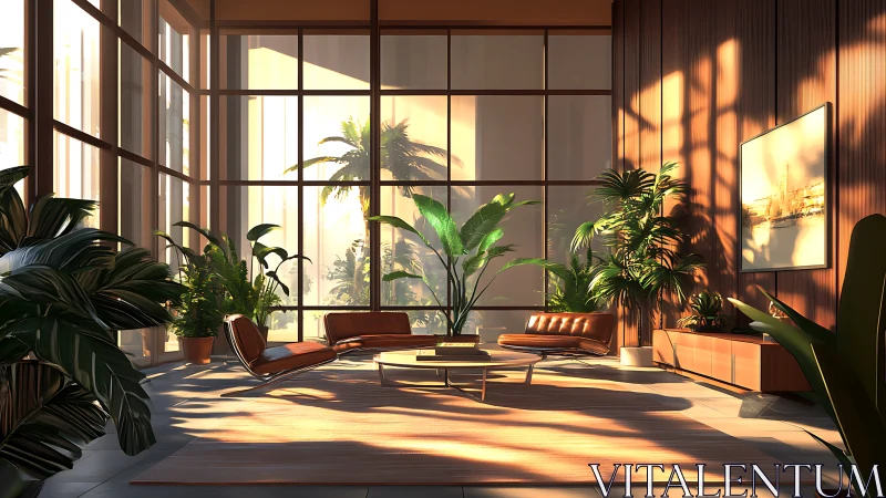 Sunlit Modernist Atrium with Tropical Greenery and Contemporary Furnishings.