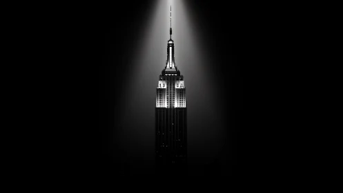 Illuminated skyscraper isolated against dark night sky.