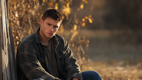 Backlit male portrait in shallow depth autumnal field lighting