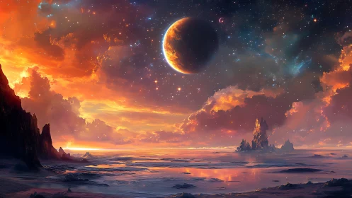 Alien shoreline under glowing nebula sky and planet.