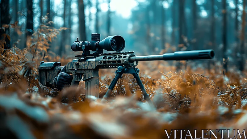 Tactical scoped rifle mounted on bipod in forested terrain setting.