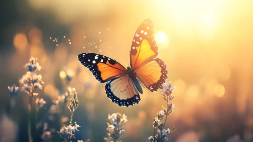Golden evening light welcomes a butterfly in gentle flight