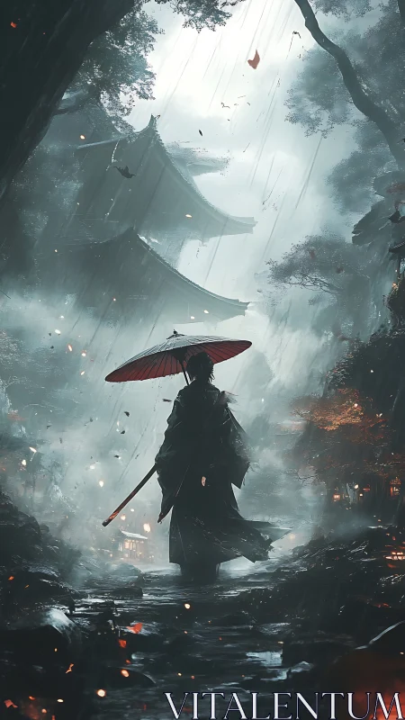 Rain-soaked samurai silhouette crosses reflective shrine path at dusk