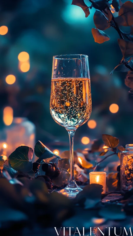 Sparkling wine glass in moody candlelit garden scene.