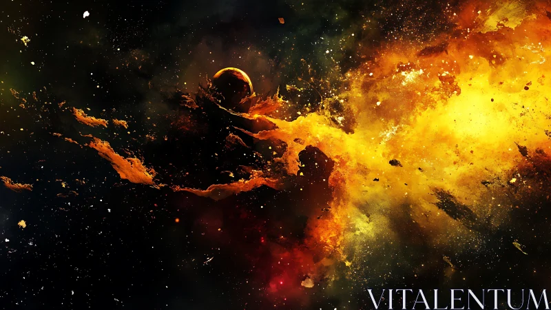 Cosmic firestorm cradling a lonely planet in swirling light.